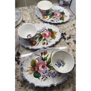 3 Luncheon Snack Plate Cup Set Majolica Nova Rose ITALY Handpainted Ceramic Read
